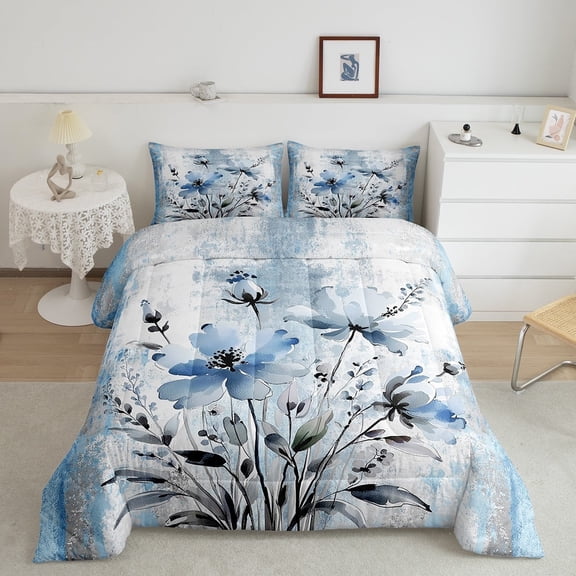 Erosebridal Blue Groovy Bedding Queen Comforter Set, Watercolor Flower Bedding Sets Queen with Comforter, Daisy Floral Down Comforter, Super Cozy Bedroom Decoration, 3pcs