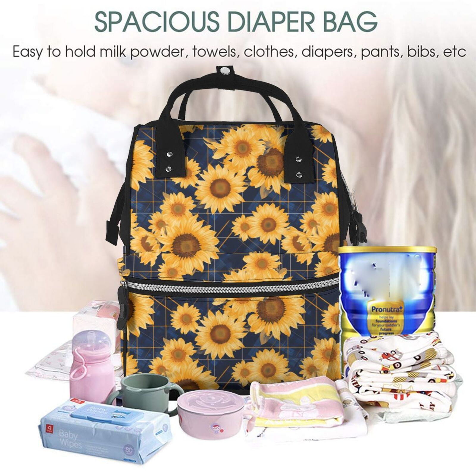 Ratiio Navy Blue Plaid Sunflower Mummy Backpack - Waterproof Twill Canvas, Large Capacity Diaper Bag with Multiple Pockets and Adjustable Straps
