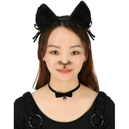 HDE Women's Cat Ear Headband and Choker Black Fur with Pink Inserts Ribbon Bow and Jingle Ball Neko Cosplay Costume