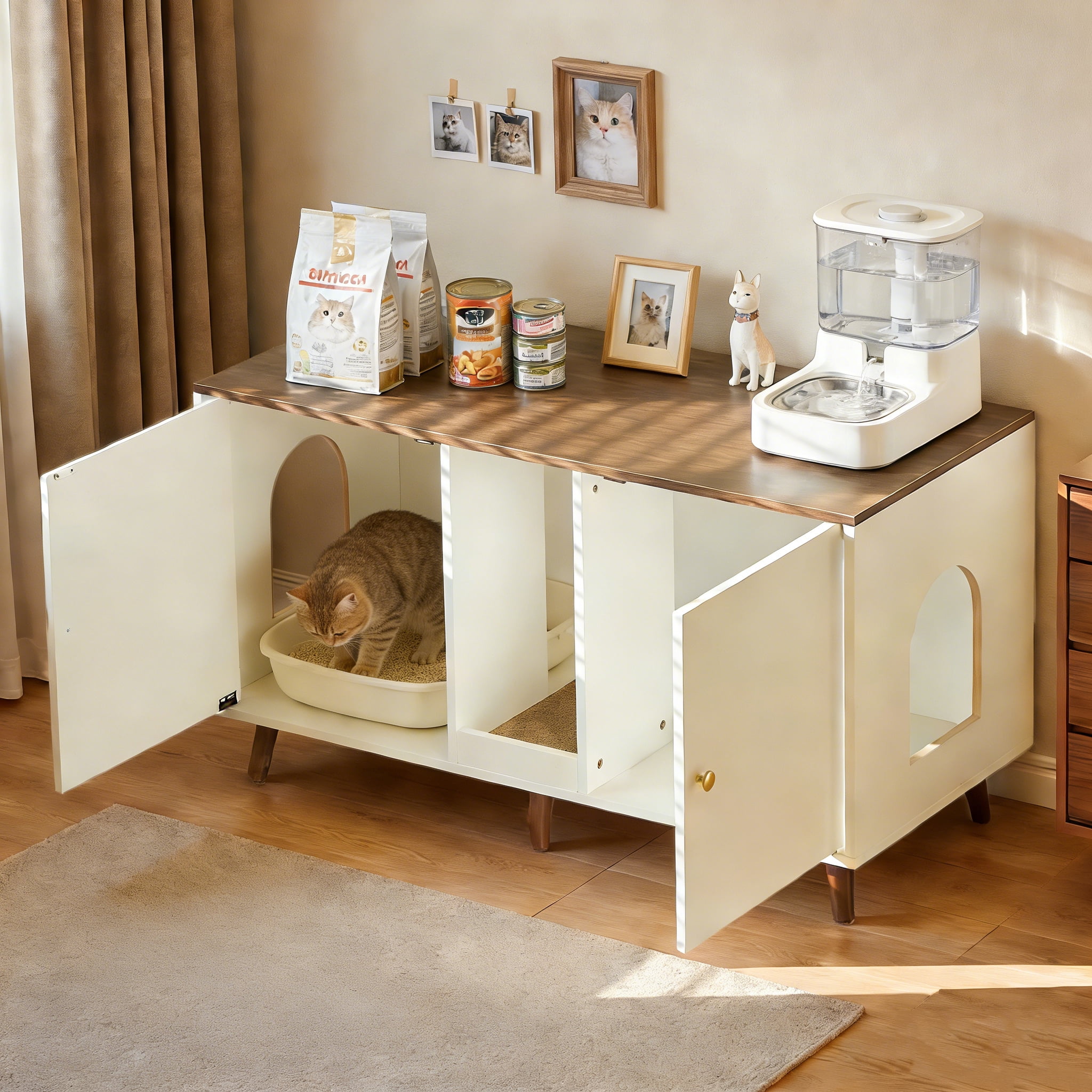 JanflyHome Double Cat Litter Box Enclosure, Hidden TV Stand Cat Litter Box Furniture for Living Room, White