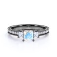 thumbnail image 3 of Edwardian 1.25 Carat Princess Cut Moonstone and Moissanite 3 Stone Wedding Ring - 18k Black Gold over Silver, 3 of 4