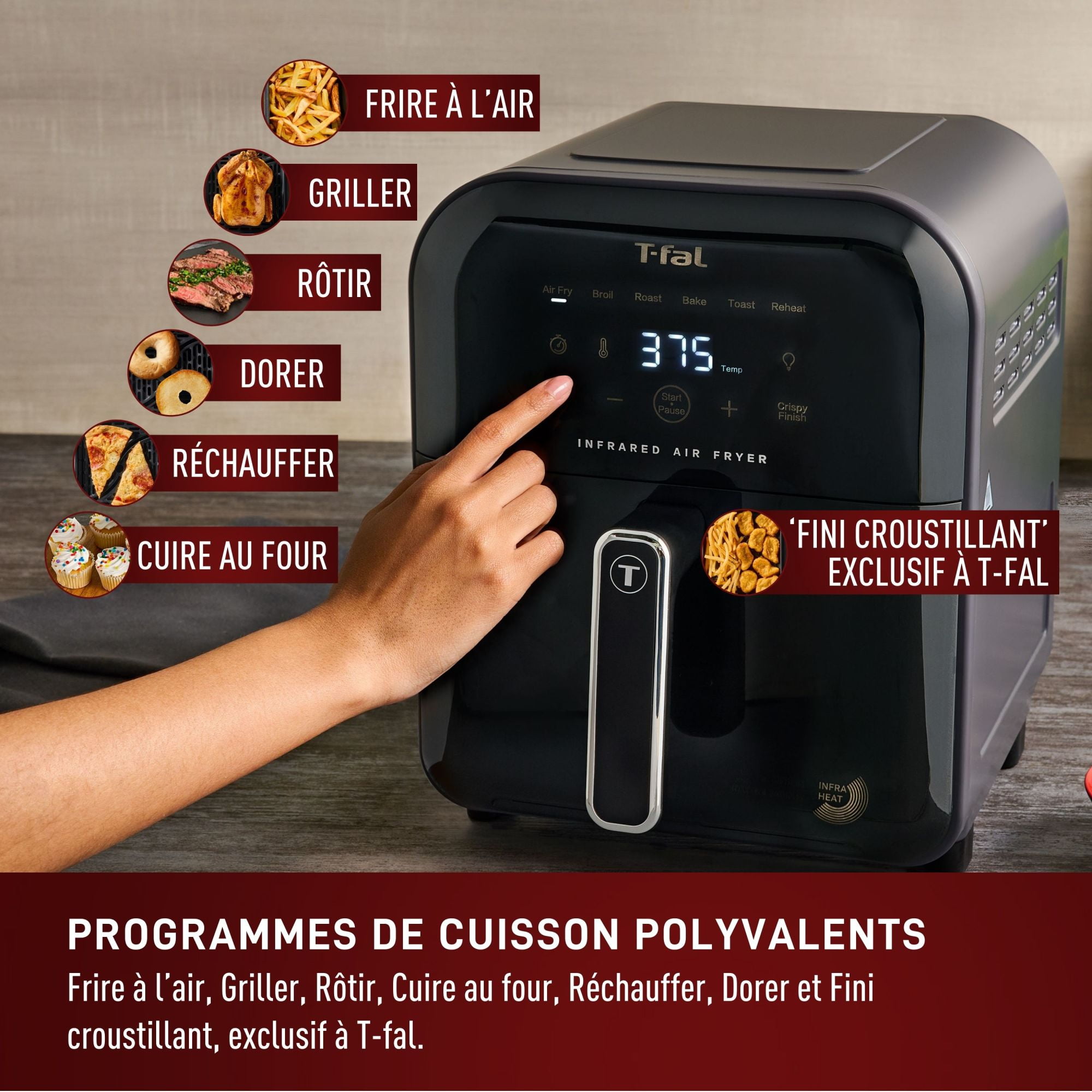 T-fal Infrared Air Fryer, Infra-Heat™ Technology, 7-in-1, 6L/6.3QT, No-Preheating, Faster, Juicier, Crispier, Graphite
