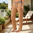thumbnail image 2 of Plus Size Women's Soft Linen Cotton Blend Straight Leg Pants, Mid Elastic Waist Pockets, Casual Business Summer Work Wear, Long Womens Trousers Capris | UKHCCC,Coffee 2XL, 2 of 8