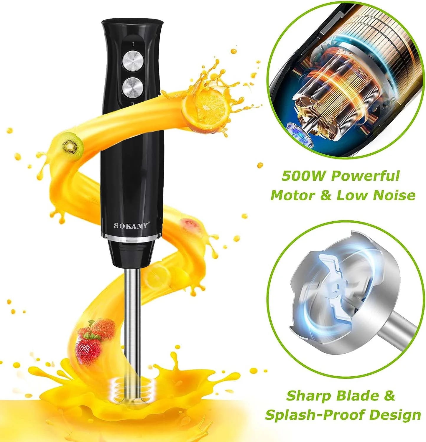 BN-LINK Immersion Blender, Hand Blender Electric, 4-in-1 Immersion Blender Handheld, 2-Speed, 500W Hand Blenders Immersion, Hand Mixer for Smoothies, Baby Food & Soup, Black