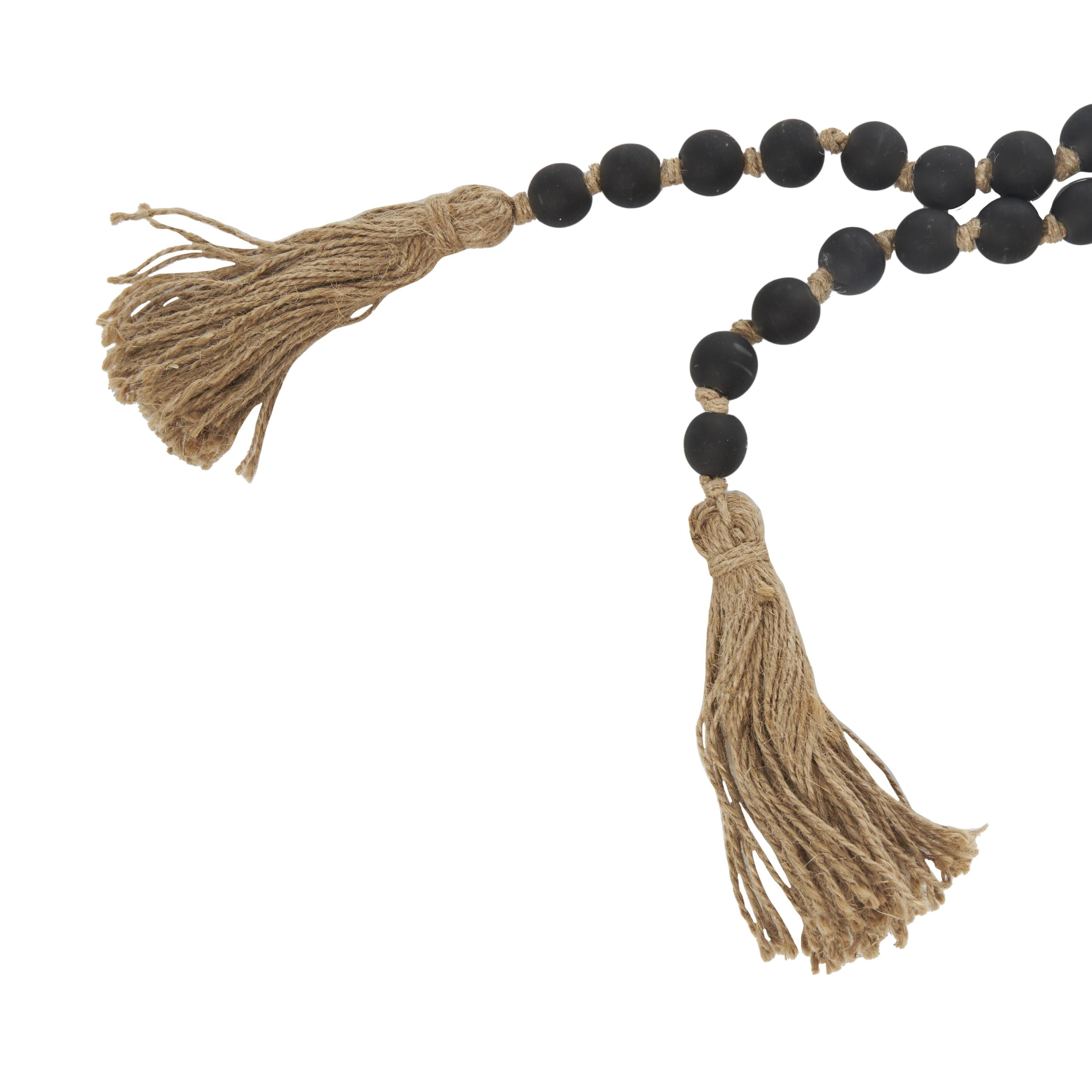 DecMode Handmade Round Long Frosted Black Glass Garland with Tassel with Knotted Brown Jute