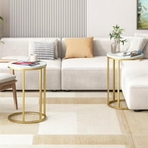 C Shaped Marble Side Table with Gold Metal Frame, Slide Under Sofa, Space Saving Accent Table for Living Room Bedroom