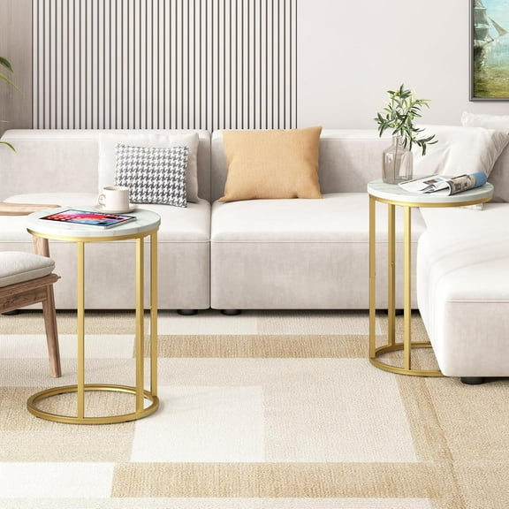 C Table End Table, Marble C Shaped Sofa Side Table, Couch Tables That Slide Under, Snack Accent Table for Living Room Bedroom Small Space, Marble Top and Gold Metal Frame