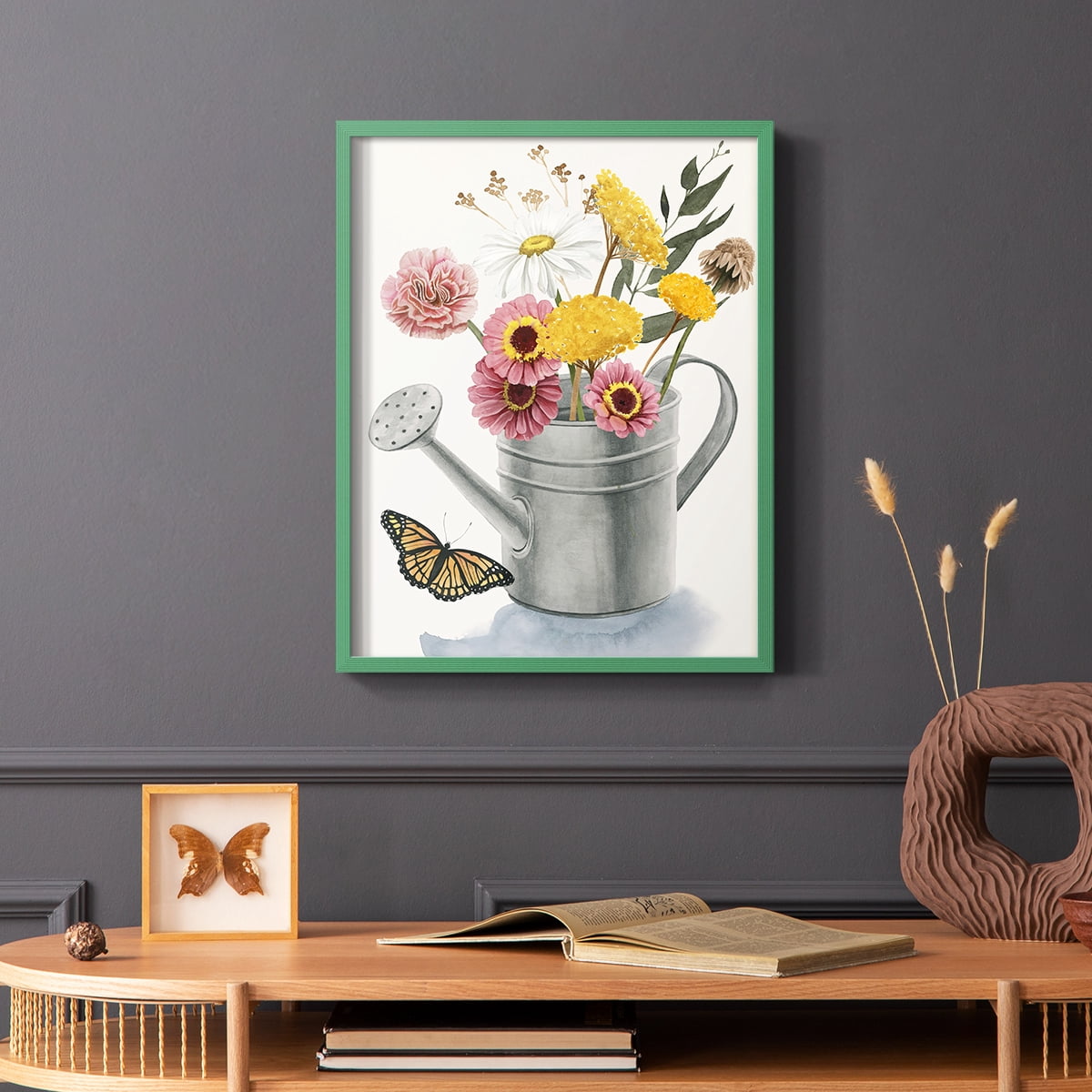 Watering Can Bouquet I Framed Print in Green Solid Wood 8 x 10 Framed Print