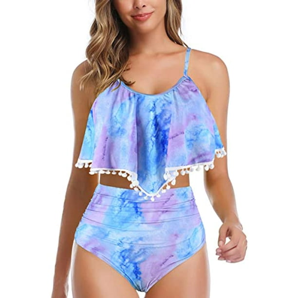 Women High Waisted Bikini Ruffle Swimsuit Flounce Pom Pom Trim Two Piece  Bathing Suit Purple&blue (S 