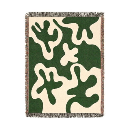 Olive Green and Cream Organic Blob Shapes Woven Throw Blanket 100% Cotton Retro Style for Living Room