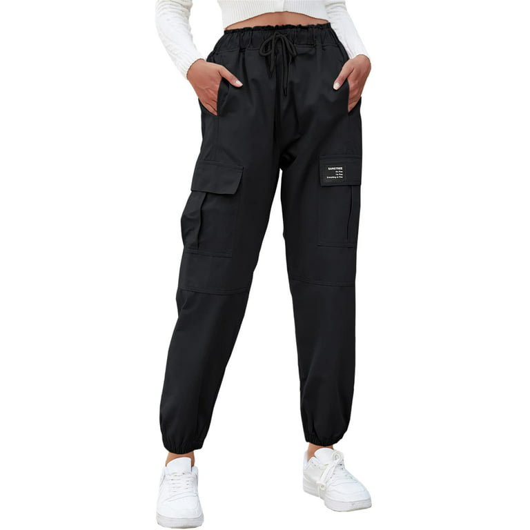 تسوق (Black)Women Cargo Pants Spring Elastic Waist Solid Color Pockets Wide  Leg Trouser Female Casual Korean Streetwear Joggers Sweatpants BEA اونلاين