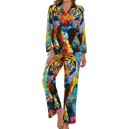 

Modern Oil Painting of Tiger Women s Pajamas Set Button Down Sleepwear PJ Set Loungewear Night Suit with Pocket