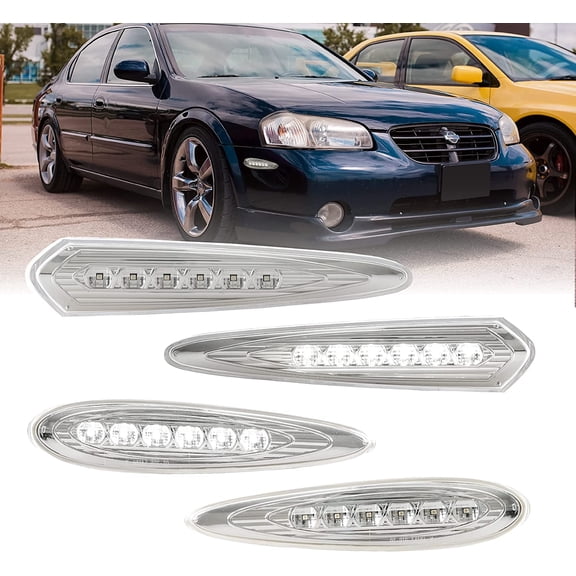 USR DEPO 00-03 Maxima Side Marker Lights - Front   Rear White LED Bumper Sidemarkers Lamps (Left   Right) Compatible with 2000-2003 Nissan Maxima (Clear Lens, Plug and Play 4 Pieces Set)