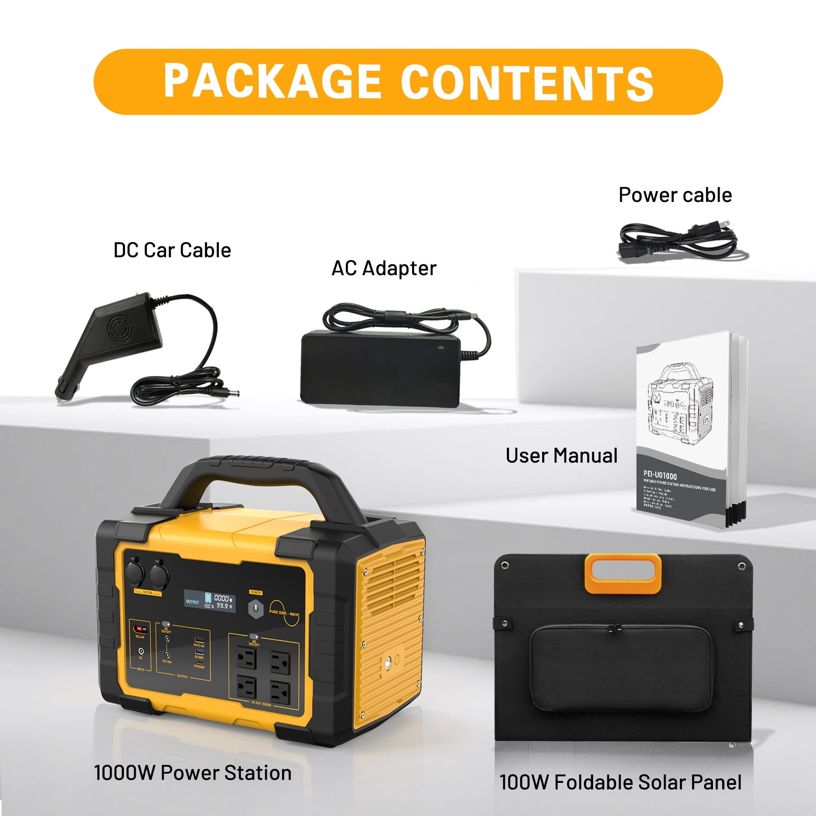 1000W Portable Solar Generator, 1024Wh LiFePO4 Battery Power Station with 100W Solar Panel, USB-C Power Bank for for Camping, Outdoor Travel, RV, and Home Emergency-Yellow