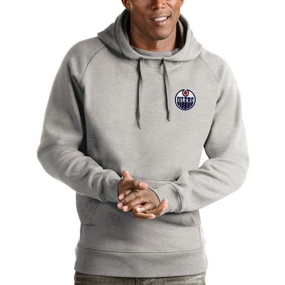 Men's Antigua Heathered Gray Edmonton Oilers Victory Pullover Hoodie