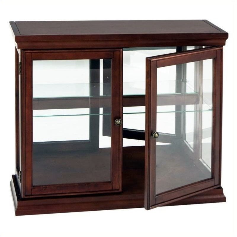 Pemberly Row Mahogany Curio Console, Small Wooden Display Cabinet With Glass Doors