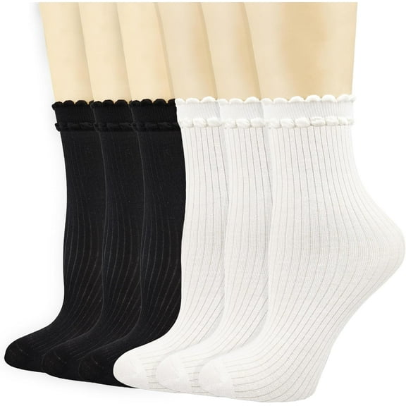 Zhengup Women's Ankle Socks, Breathable Cotton Crew White Frilly Socks with Cute Scalloped Edges 6 Pairs