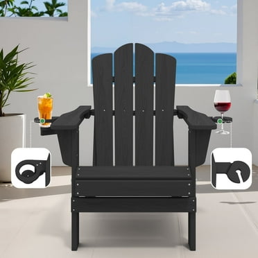 JUSTLET Outdoor Patio Folding HDPE Resin Adirondack Chair with Double Cup Holder, Black