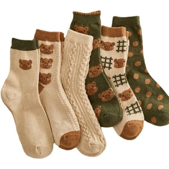 6 Pairs Cute Bear Print Ankle Socks - Soft Combed Cotton Kawaii Crew Socks for Women, Daily Casual Fashion Socks All Season Wear