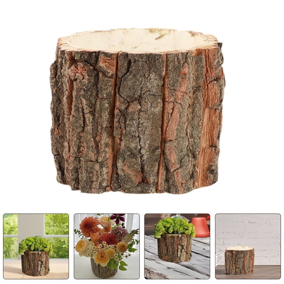 Topbathy 1Pack Rustic Bark Bucket Planter Wooden Flower Pot Tree Stump Decorative Tray 12x12x10cm Brown