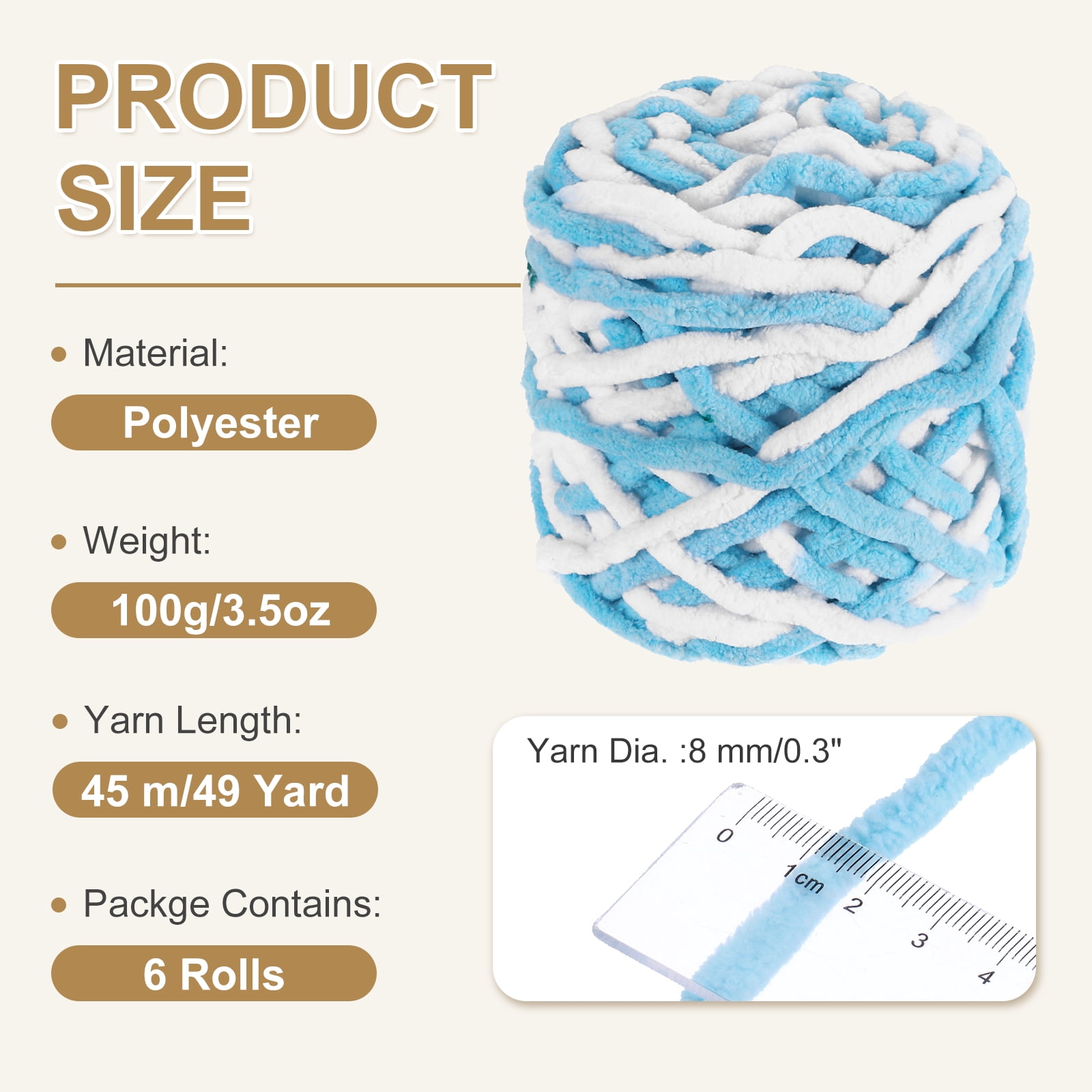 Uxcell 6 Pcs Blanket Yarn, 49 Yards Fluffy Velvet Plush Bulky Thick Chenille Chunky Yarn for Soft Velvet Blanket Shawl Scarf Crochet Hand Knitted Crafts, Blue-White
