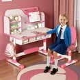 thumbnail image 2 of YNCE Small Desk, Standing Desk, Desk Chair Set, Height Adjustable Children School Study Table Chair Set with Astronaut Pattern, Ergonomic Desk Chair with Large Writing Board, Bookshelf and Drawer, 2 of 9