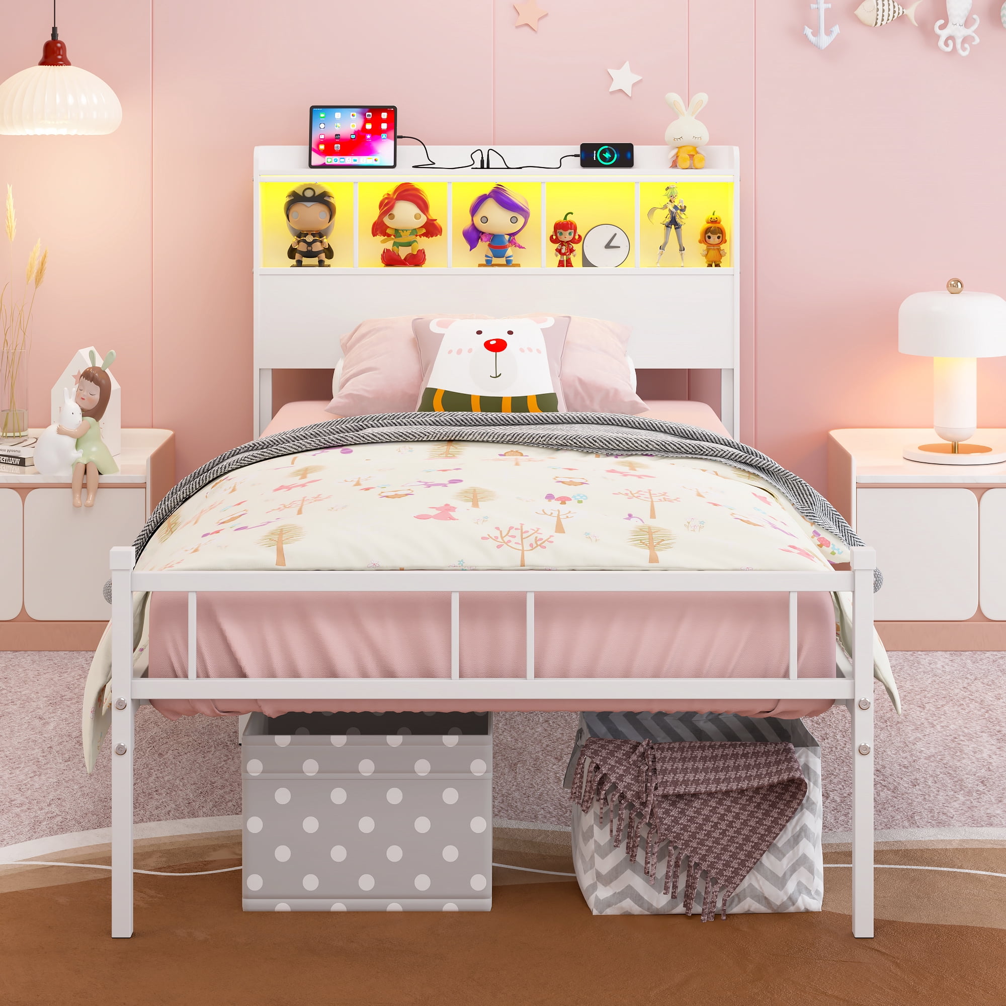 Yoneston Twin Size Girl’s Platform Bed Frame with 2-Tier LED Storage Headboard Shelves & Charging Station for Kids Teens, White