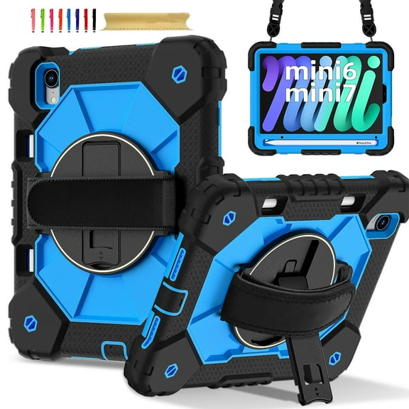 Case for iPad mini 6th Gen 8.3" 2021, Rugged Shockproof Case with Crossbody Strap & Pencil Holder [360° Rotating Hand Strap] & Stand, Case for iPad mini 6th Gen 8.3" 2021, Black Blue
