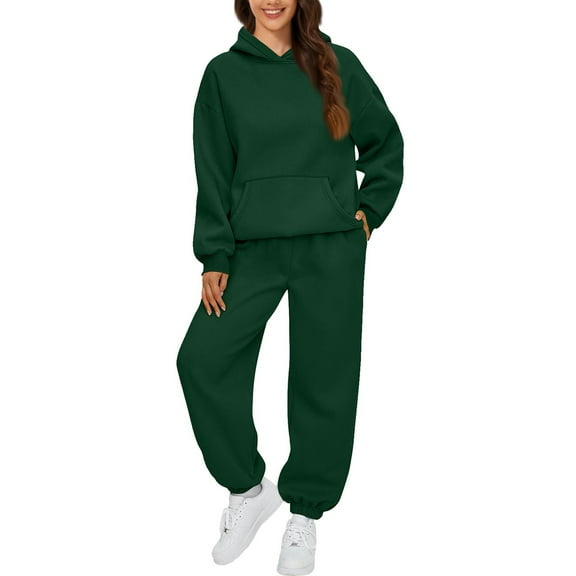 Women's two-piece sports casual suit - fleece hooded sweatshirt loose sweatpants with pocket design 2025 Dark Green L