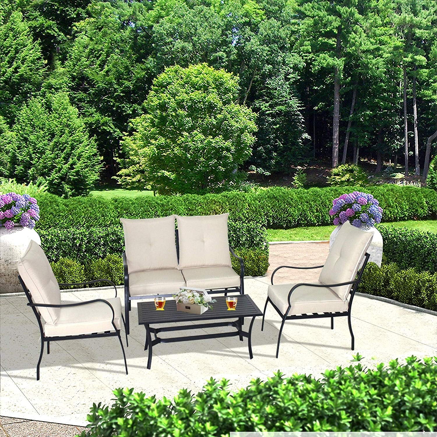 Vanity Art 4 PC Patio Furniture Set Sofa Coffee Table Cushion and Back Rest Pillow Backyard Pool