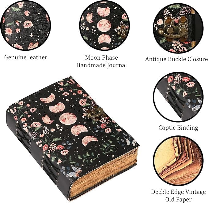 Blank Spell Book of Shadows Journal with Lock Clasp  Handmade Vintage Leather Moon Phase Print Diary for Witchcraft Supplies