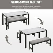 UHOMEPRO Dining Room Table Set, 3-Piece Marble Top Breakfast Nook Dining Table Set with 2 Upholstered Benches, Kitchen Table Set with Metal Frame, Modern Furniture for Home Cafeteria, White