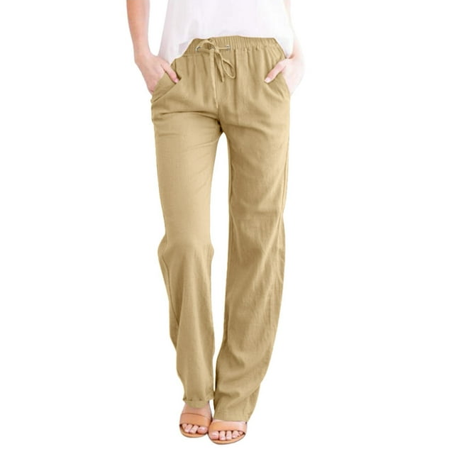 Womens Casual Solid Color Loose Pockets Elastic Belt Waist Pants Long Trousers