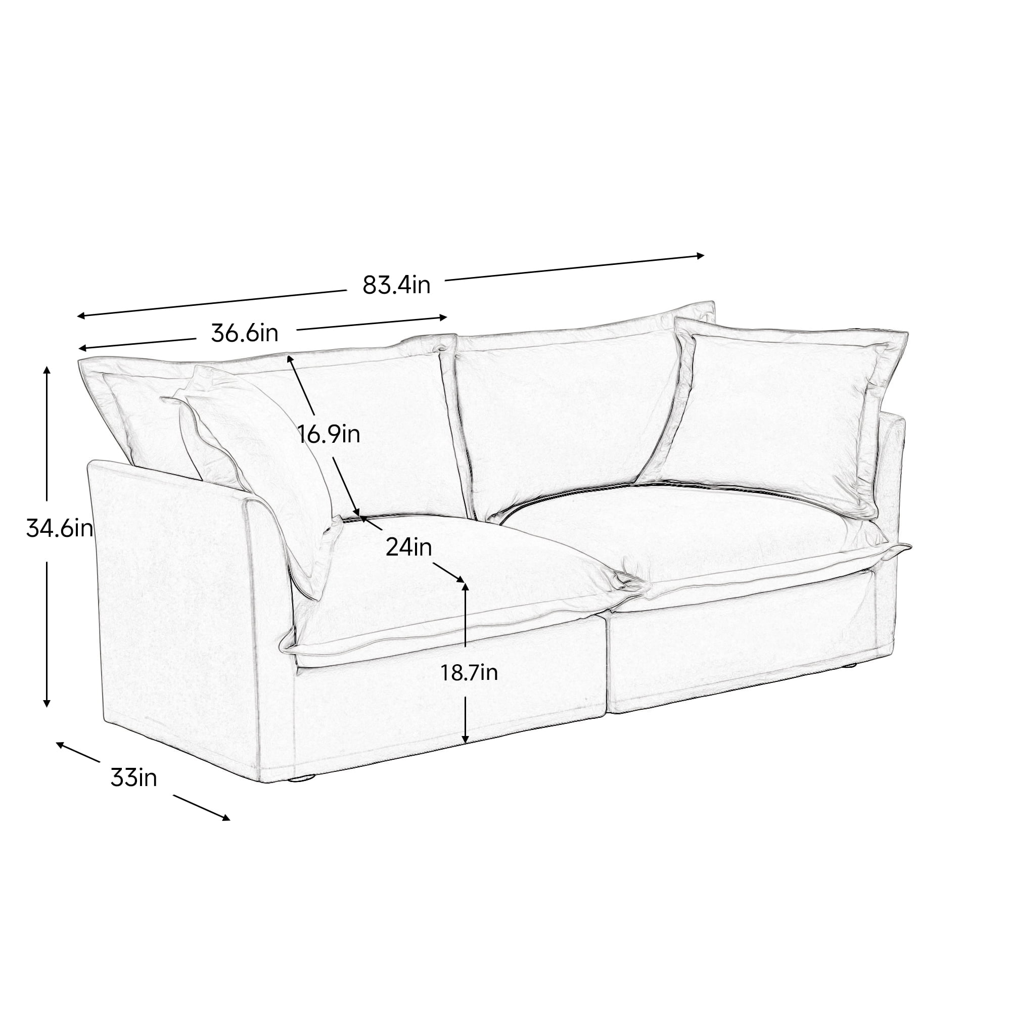 Gewnee Modern Slipcovered Plain Chenille Deep Seat 2-Seat Sofa Couches with Upholstered Cushion&Detachable Cover, Comfy Sofa Couch for for Living Room