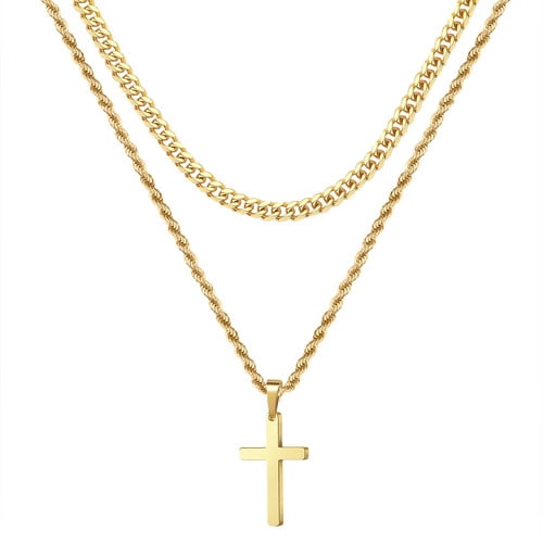 14K Yellow Gold Double Chain Cross Necklace Pendant For Men Gift Jewelry Accessory
