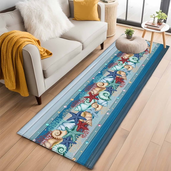Blue Starfish Beach Kitchen Runner Rug 2x6 Washable Runners for Hallway Non Slip Summer Conch Coral Coastal Wood Grain Large Area Rug Indoor Floor Carpet for Bathroom Laundry Entryway Bedroom