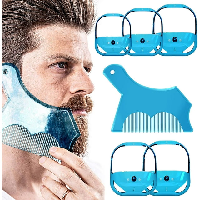 Herramienta para dar forma y peinar la barba con peine, guía de barba, plantilla recortadora de perilla para hombres, línea de plantillas de contorno de patillas de bigote transparente, azul