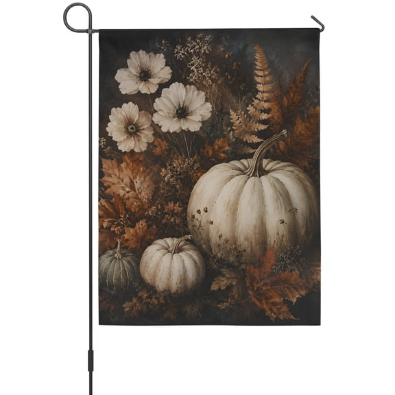 Thanksgiving Fall Garden Flag 12x18 Inch Rustic White Green Pumpkin Floral Fern Leaf Double Sided Outdoor Garden Flags Welcome House Flag Decorative Yard Flags for Outside Holiday Decoration
