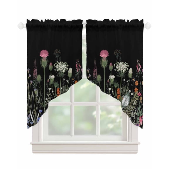 Spring Floral Swag Valances for Windows, Black Farmhouse Botanical Watercolor Rod Pocket Sheer Valances for Large Windows, Swag Toppers Light Filtering for Kitchen Living Room 2 Panels 36''x45''