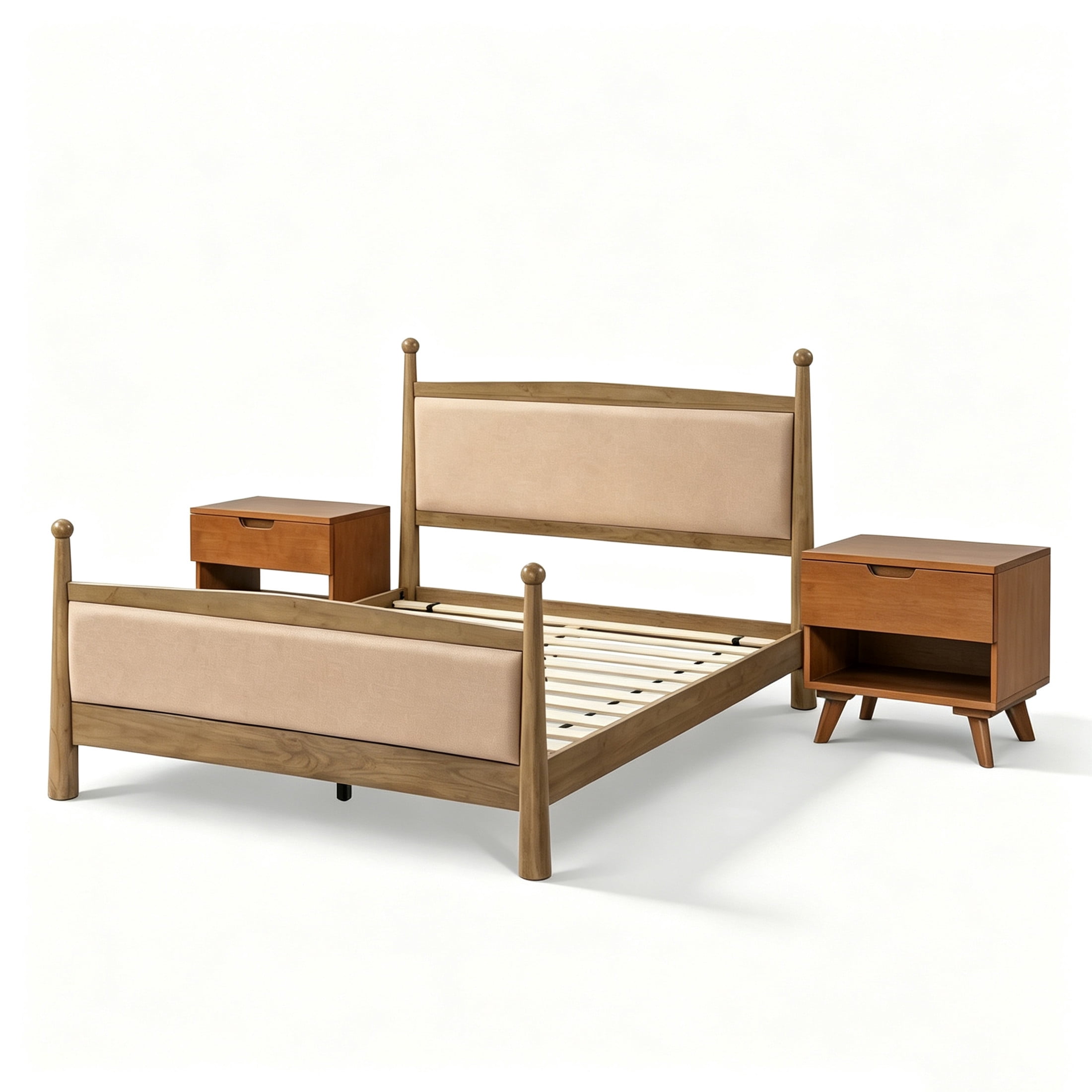 Christopher Knight Home Farmhouse Queen Upholstered Platform Bed with 2 Wooden Nightstands, Antique Natural