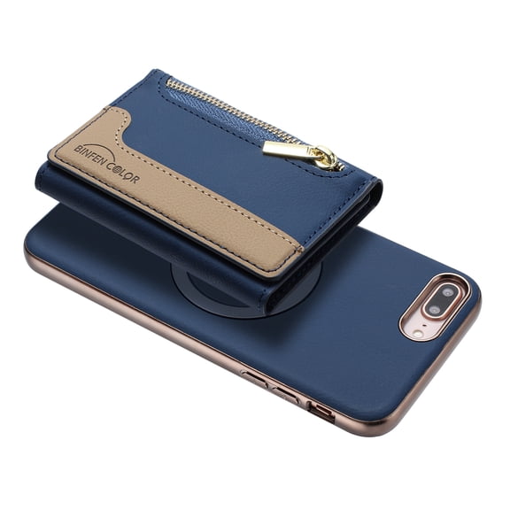 Allytechgroup 2-in-1 Magnetic Wallet Case for Apple iPhone 8 Plus/7 Plus, Detachable Card Holder with Zipper Pocket RFID Blocking Kickstand PU Leather Protective Flip Cover with 6 Slots, Darkblue
