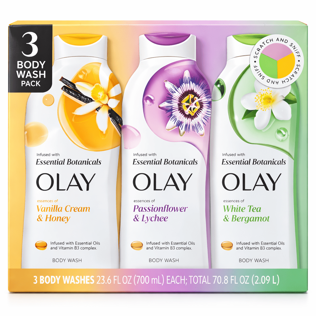 Olay Essential Botanicals Body Wash Variety Pack, Vanilla Cream & Honey, Passionflower & Lychee, White Tea & Bergamot, 23.6 fl oz Each, 3 Pack