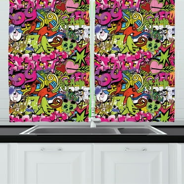 Ambesonne Urban Graffiti Kitchen Curtains, Pierced Hearts, 55"x39", Multicolor