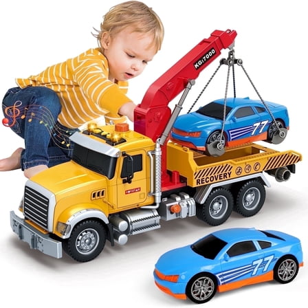 UUSUOO Toddler Trucks for Boys 3-6 Years,15" Large Tow Truck Toys,Friction Powered Transport Truck Crane Toy with Roadster, Lights and Sounds,Kids Truck Toys,Christmas Birthday Gifts for Kids,Yellow