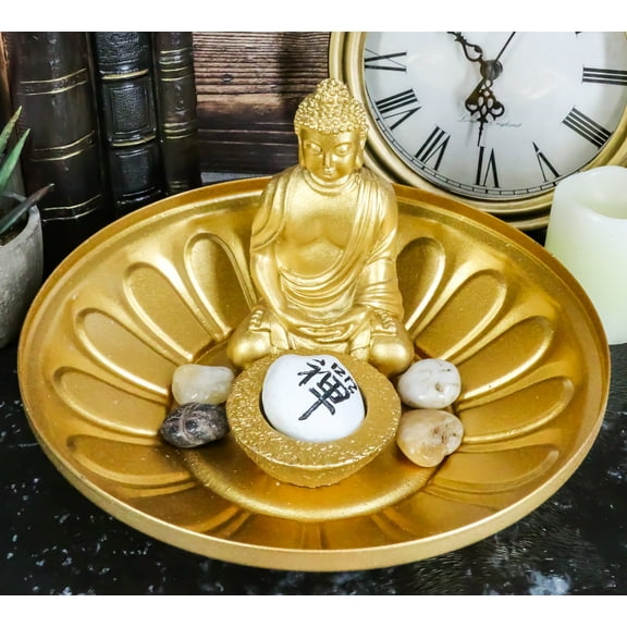 Ebros Feng Shui Golden Meditating Buddha Zen Dish With Pebbles