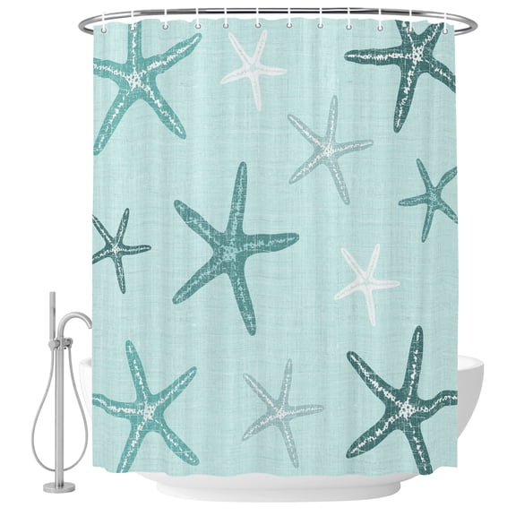 Extra Long Shower Curtain 72x84 Inch, Teal Starfish Coastal Shower Curtain Waterproof Bathroom Decor, Aqua Summer Beach Ocean Fabric Bath Curtain Set Accessories with Hooks