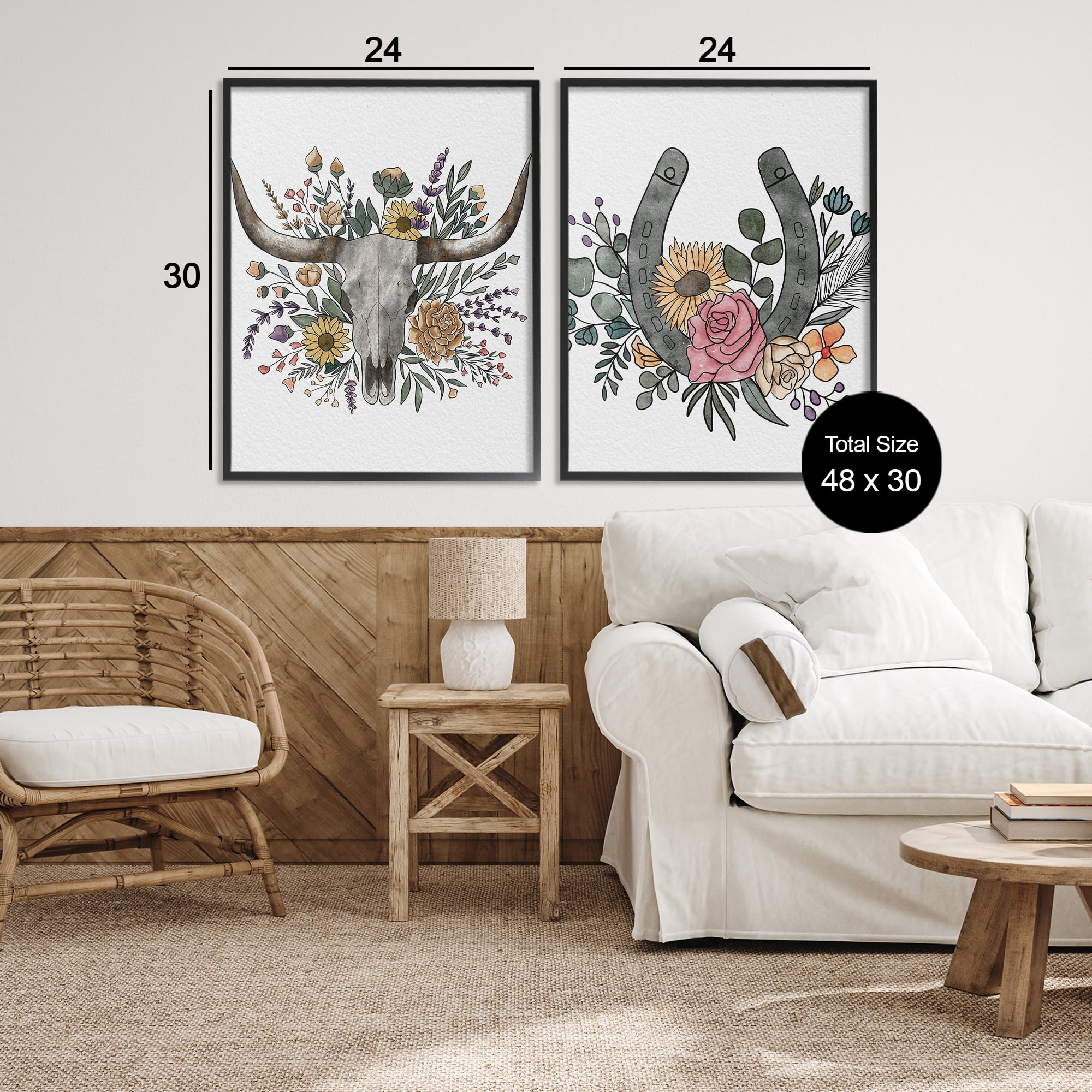 Stupell Industries Boho Longhorn & Horseshoe 2 Piece Black Framed Giclee Art Set, design by Alisha Kiara Design