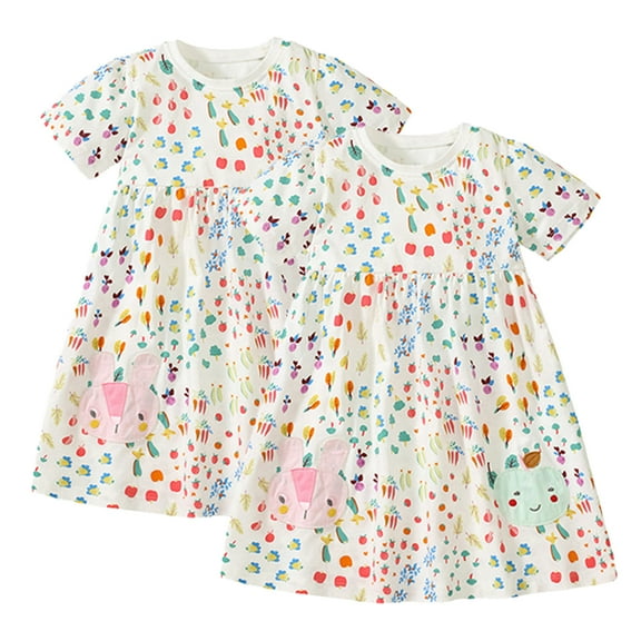 KYAIGUO 2-8 Years Baby Girls Summer Dresses Short Sleeve Cartoon Print Princess Dress Roundneck Cotton Skirt Casual Sundress Playwear Dress for Kids Toddler