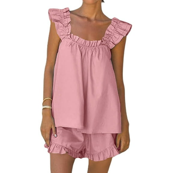 Riforla Women's Pajama Sets 2 Piece Outfits Sleeveless Sleepwear Ruffle Crop Top and Casual Shorts Loungewear Outfit Matching Sets Women Clothing Red M