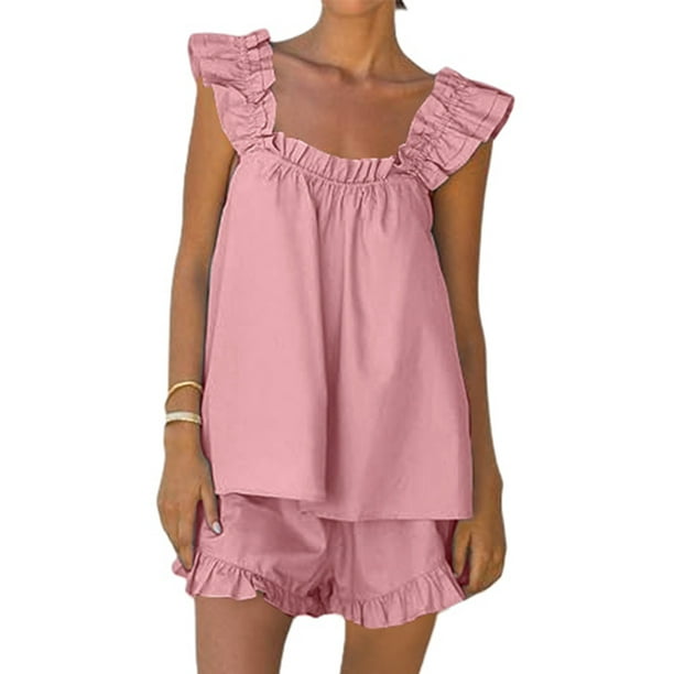 MKLEKYY conjunto de Pijama Corto para Mujer, conjunto de 2 Piezas, Ropa de Dormir Sin Mangas, Top Corto con Volantes y Pantalones Cortos Casuales, Ropa de Estar Por Casa